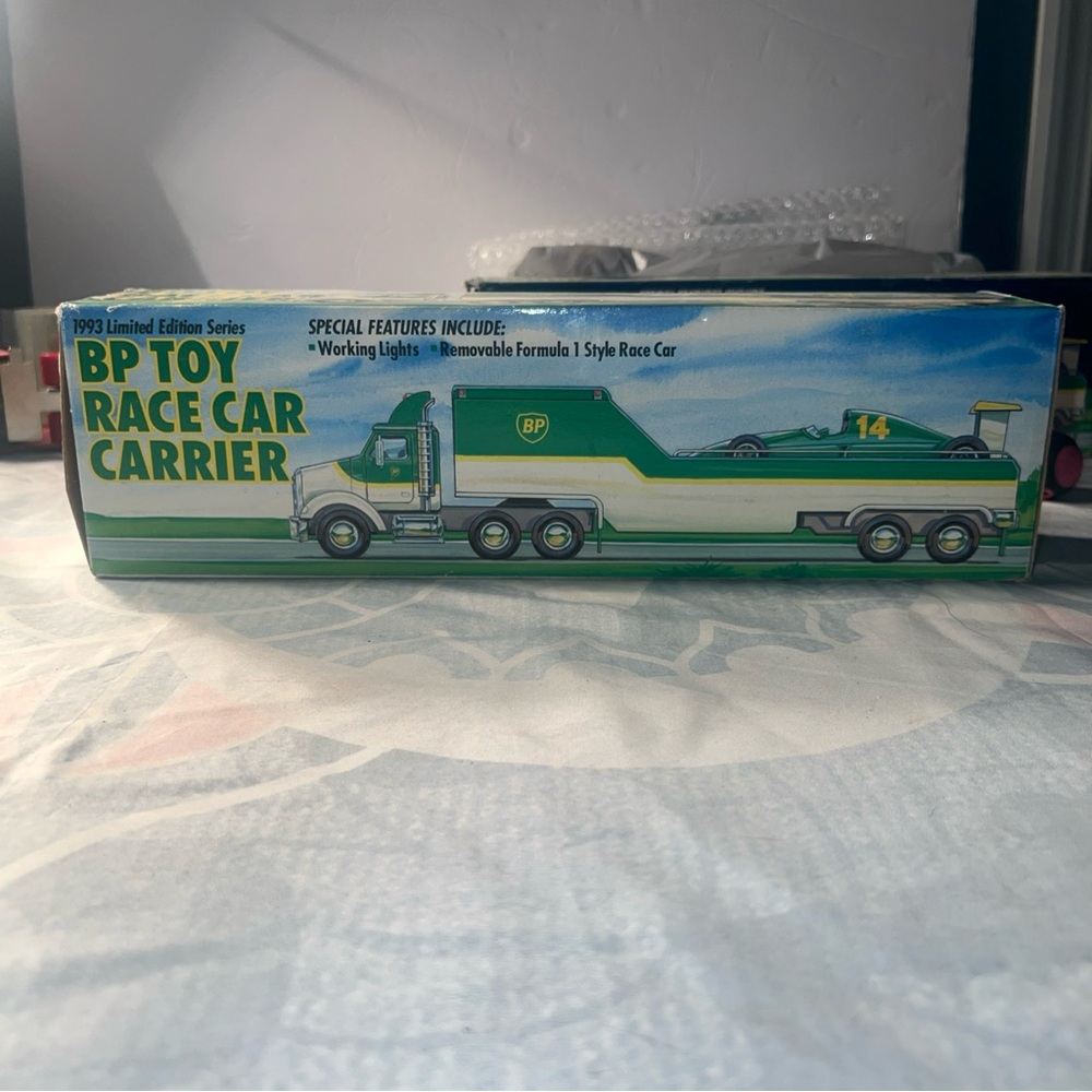 BP Green and White Toy Race Car Carrier